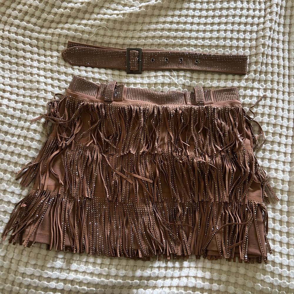Zara Brown Fringe Mini Skort with Belt